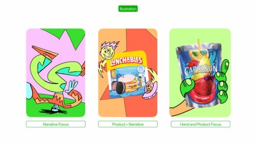 Three illustrated panels show narrative artwork, Lunchables packaging with doodles, and Capri Sun pouch with cartoon hand.