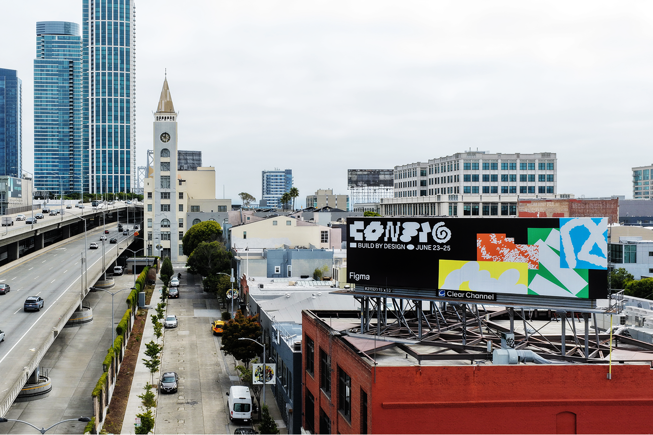 a Config billboard reading "Build by Design, June 23–25" overlooks a San Francisco street