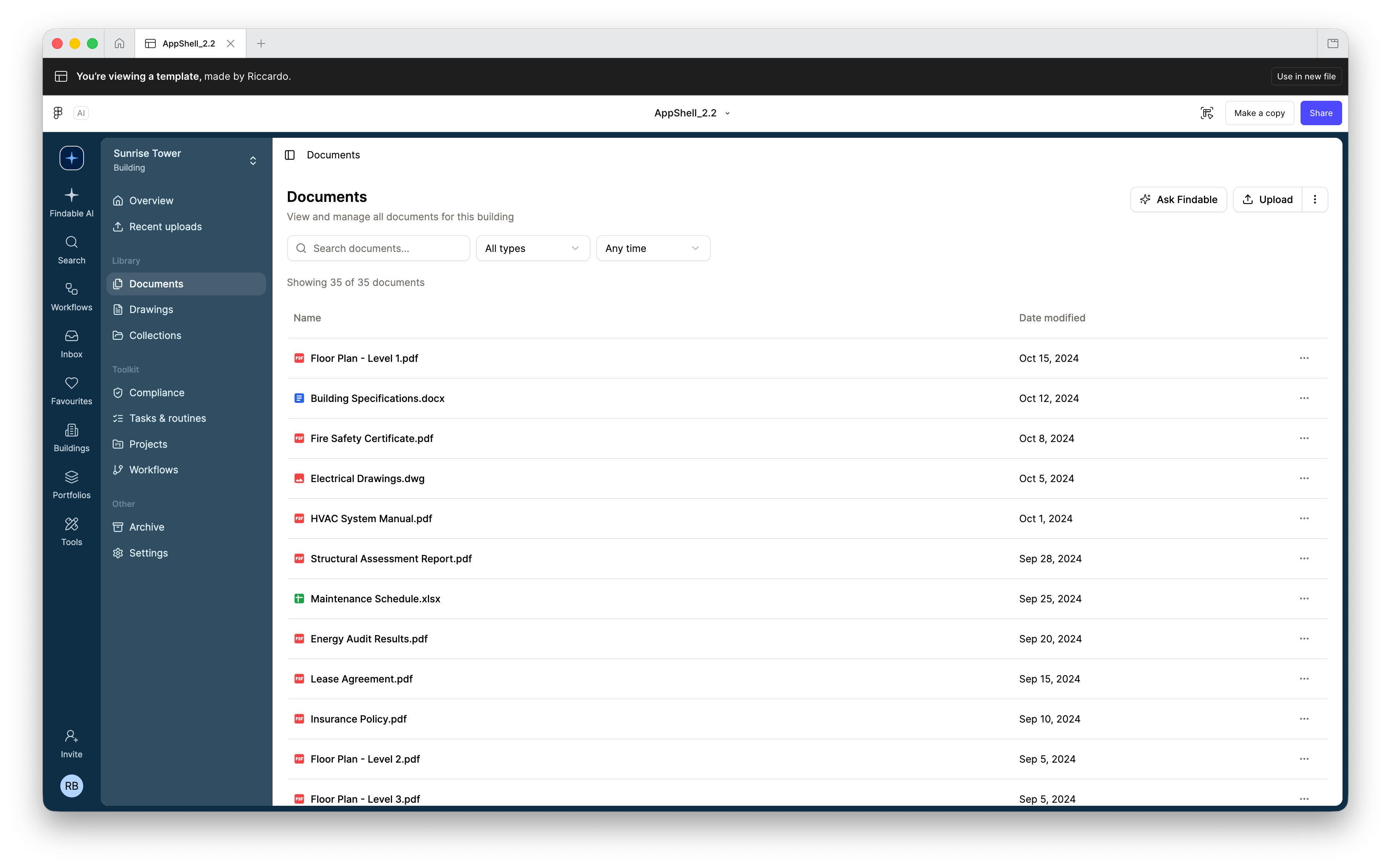 Interfaccia di Figma che mostra un progetto "App Shell - Dark Nav" con il browser dei file a sinistra e un documento markdown "AI Clarification Guide" aperto nell'editor principale, con linee guida e framework decisionali per gli assistenti IA.