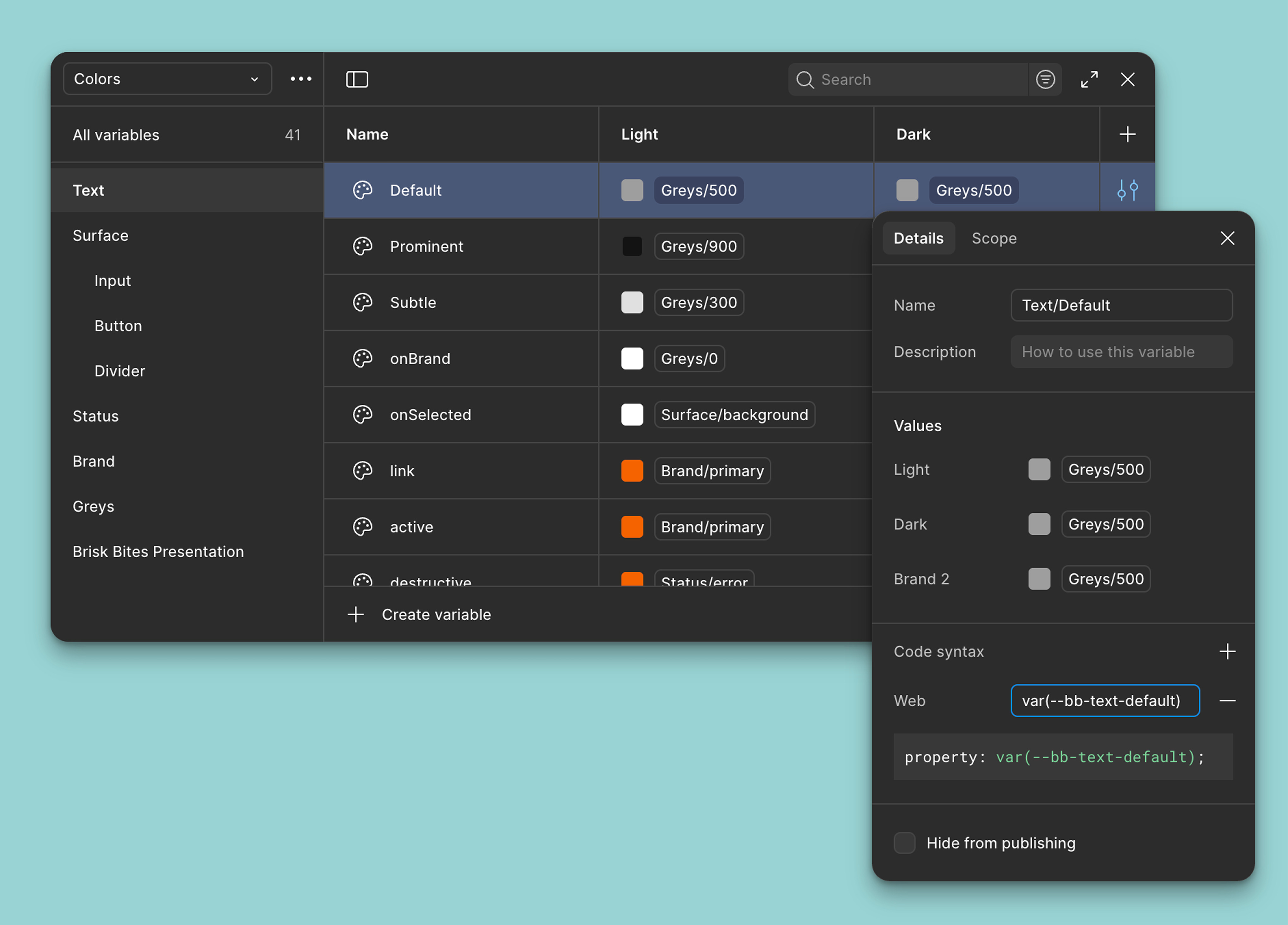 Figma showing variable code syntax in the Edit variable menu and in Dev Mode.