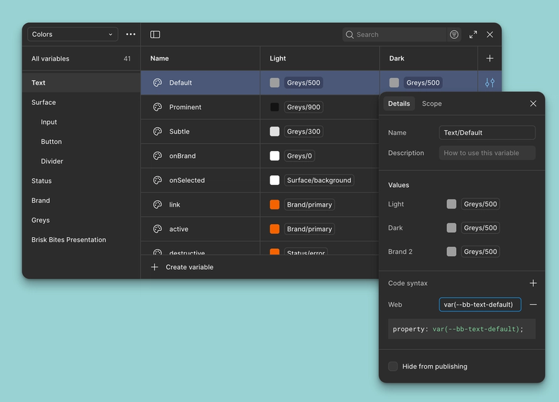Figma showing variable code syntax in the Edit variable menu and in Dev Mode.