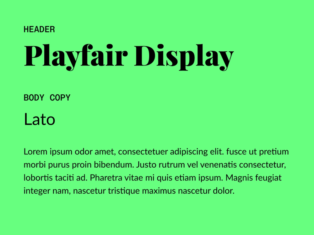 Example text showing Playfair Display and Lato as a font pairing.