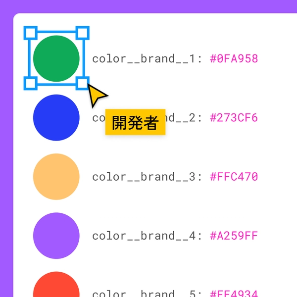 開発者のカーソルが緑色の円を選択し、デザインシステムライブラリ内のブランドカラーの16進コードを表示。