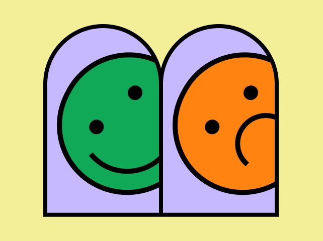 An illustration showing a happy face and a smiley face peering out from windows