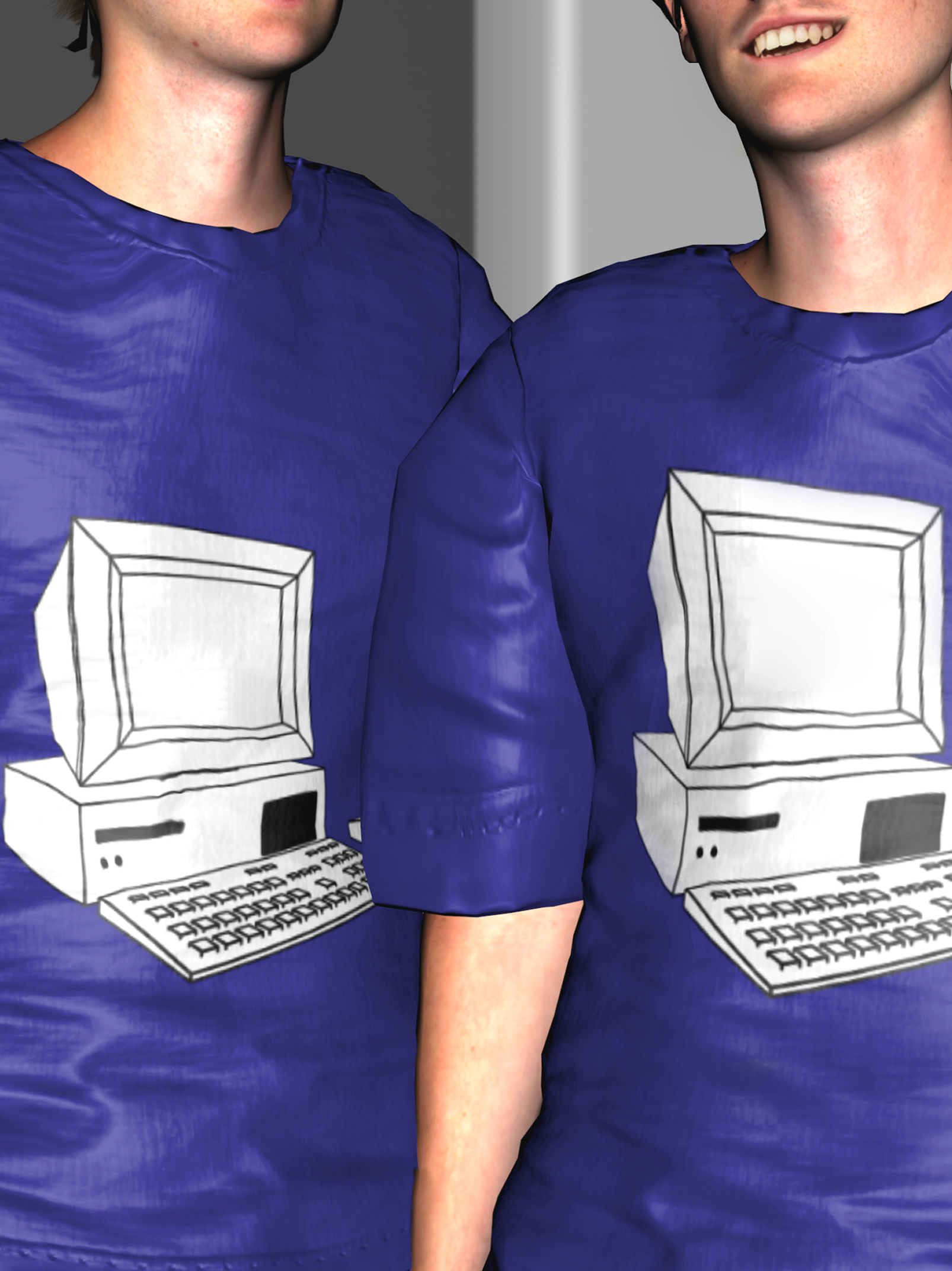 3D render of two people wearing blue T-shirts printed with a line drawing of a desktop computer