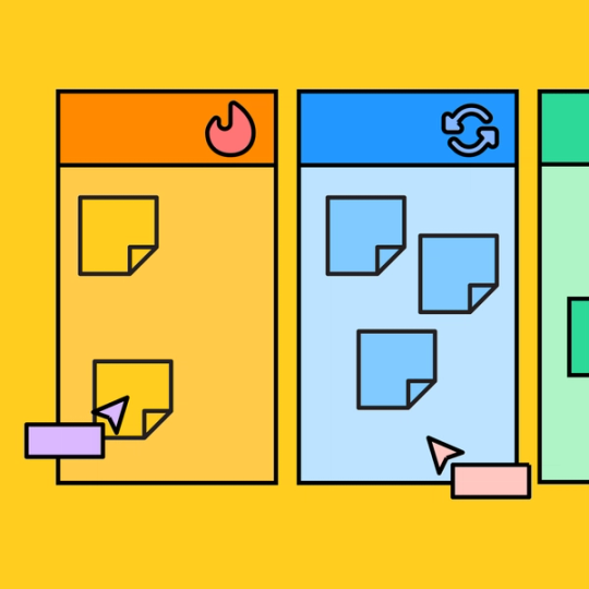 two orange and green rectangles with sticky notes overlayed on top