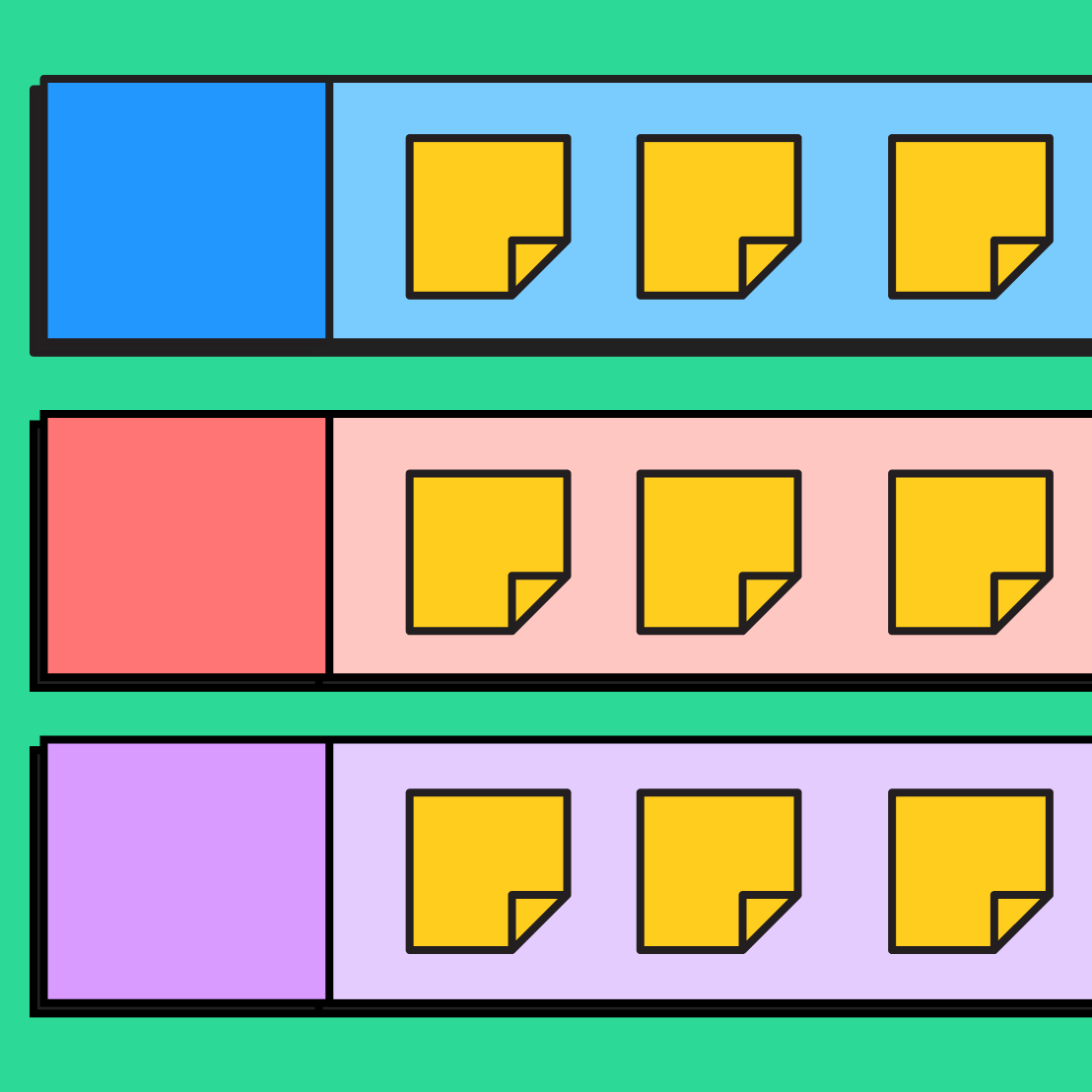 three rectangles with yellow sticky notes in each one