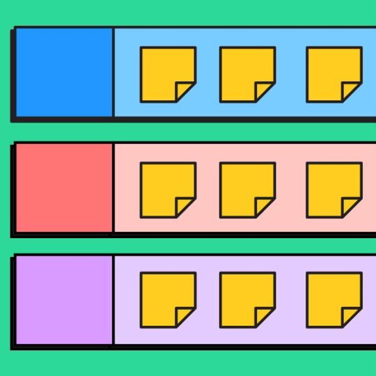 three rectangles with yellow sticky notes in each one