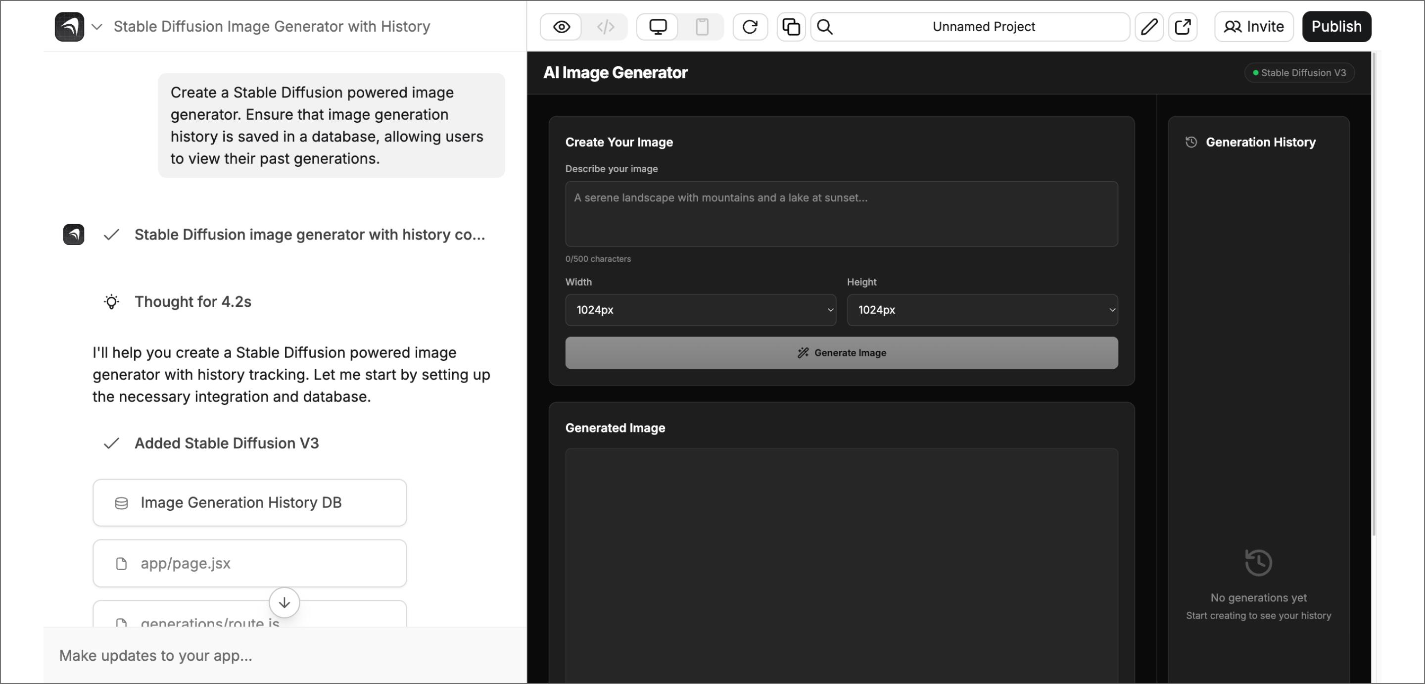A screenshot of the Create app builder with AI image generation.