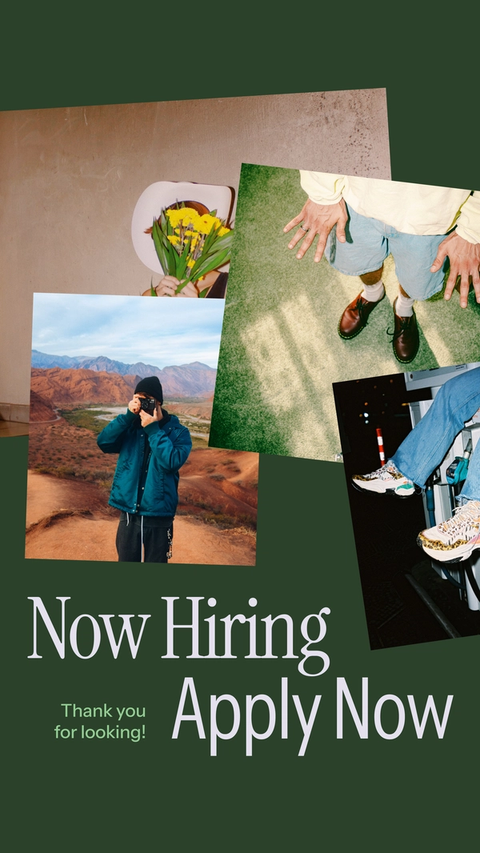 Job recruitment collage with photographer, flowers, hands, feet and "Now Hiring" text