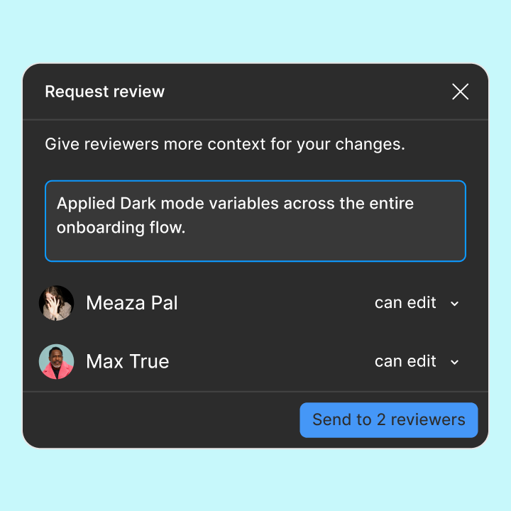 댓글 상자가 있는 리뷰어 모달과 편집 권한이 있는 두 명의 사용자