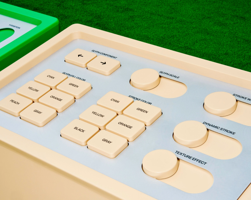 A close-up view of buttons and sliders that control glyph and stroke colors and textures
