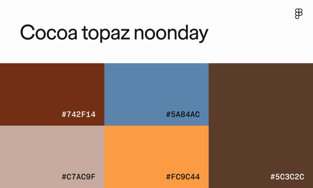 Swatches of bright orange, slate blue, and shades of brown.