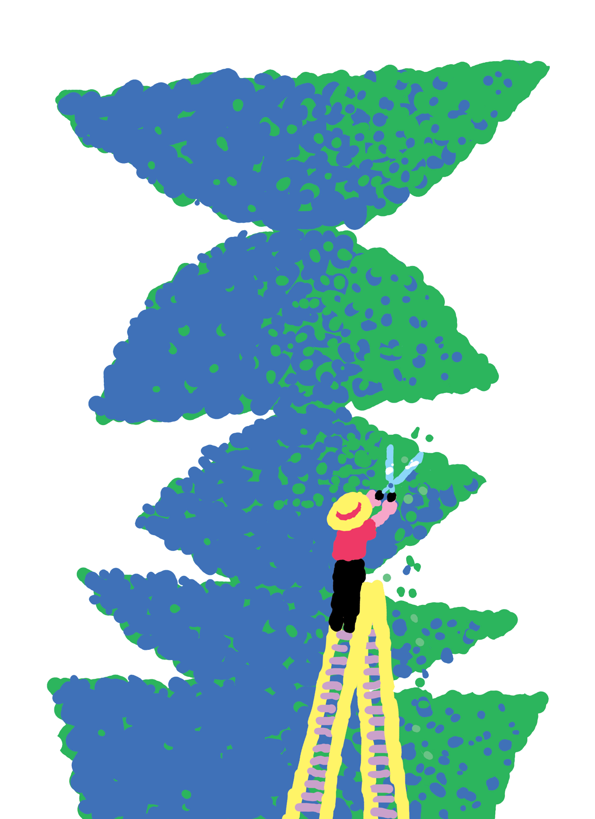 Person standing on a tall ladder trims oversized blue-and-green hedges into stacked geometric shapes.