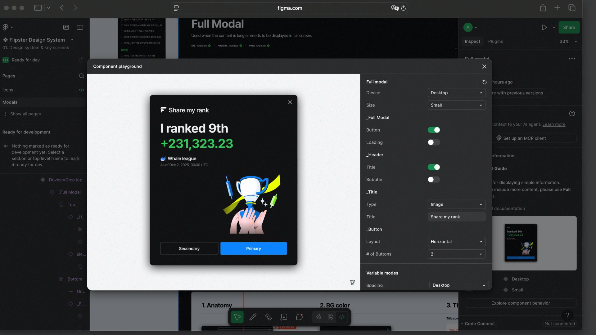 component playground modal in dev mode with toggles for elements