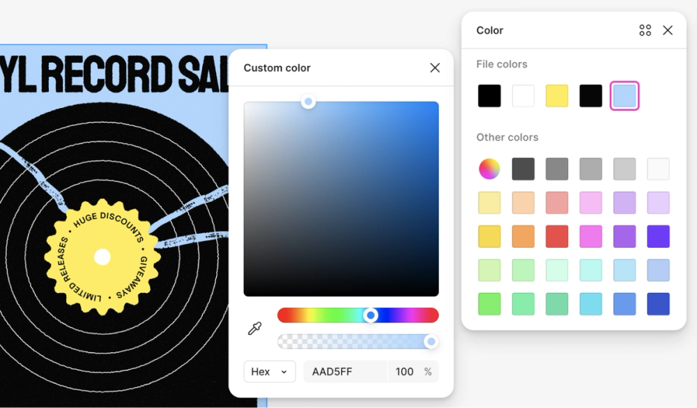 Figma Buzz color toolbar along a Figma flyer template
