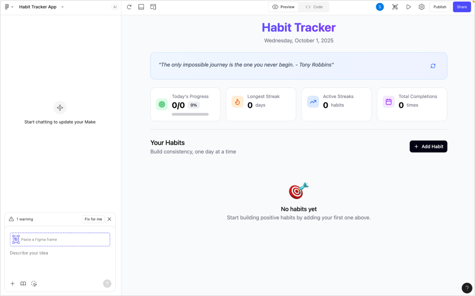 A Figma Make screenshot of the habit tracker app in the wireframe stage.