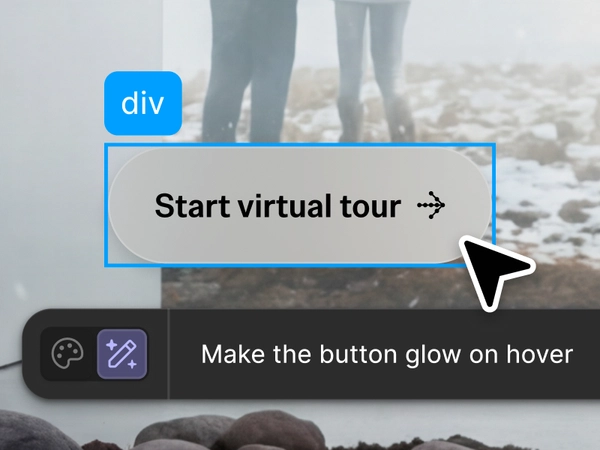The cursor is highlighting a CTA button, and the AI prompt below says "Make the button glow on hover"