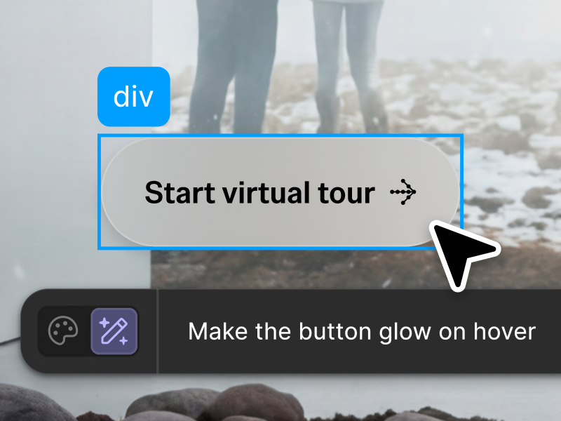 The cursor is highlighting a CTA button, and the AI prompt below says "Make the button glow on hover"