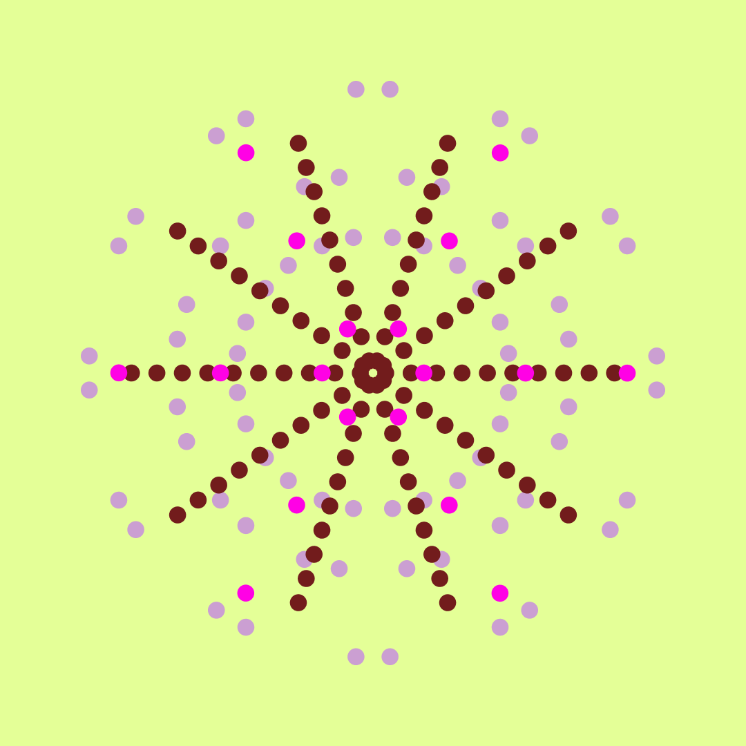 A radial pattern of colorful dots radiates from a central point on a light green background.