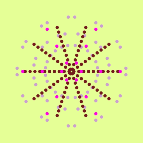 Ein radial angeordnetes Muster aus bunten Punkten strahlt von einem zentralen Punkt auf einem hellgrünen Hintergrund aus.