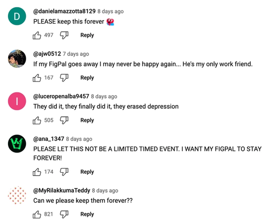 Youtube users express love for FigPals in the comment section
