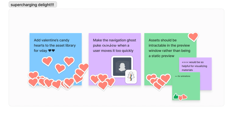 Five stickies of different sizes suggest ideas like, “Add Valentine’s candy hearts to the asset library for V-Day,” and are covered with heart stamps.