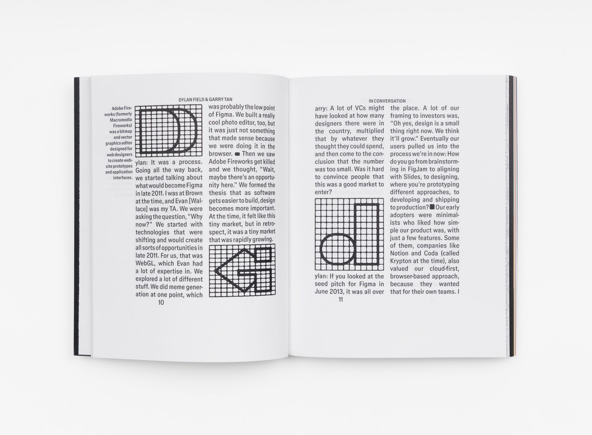 An open book displays a two-page interview spread featuring grid-based graphic illustrations and a conversation about the evolution of design tools and the development of a new creative platform, focusing on early experimentation, shifts in technology, and adapting to user needs.