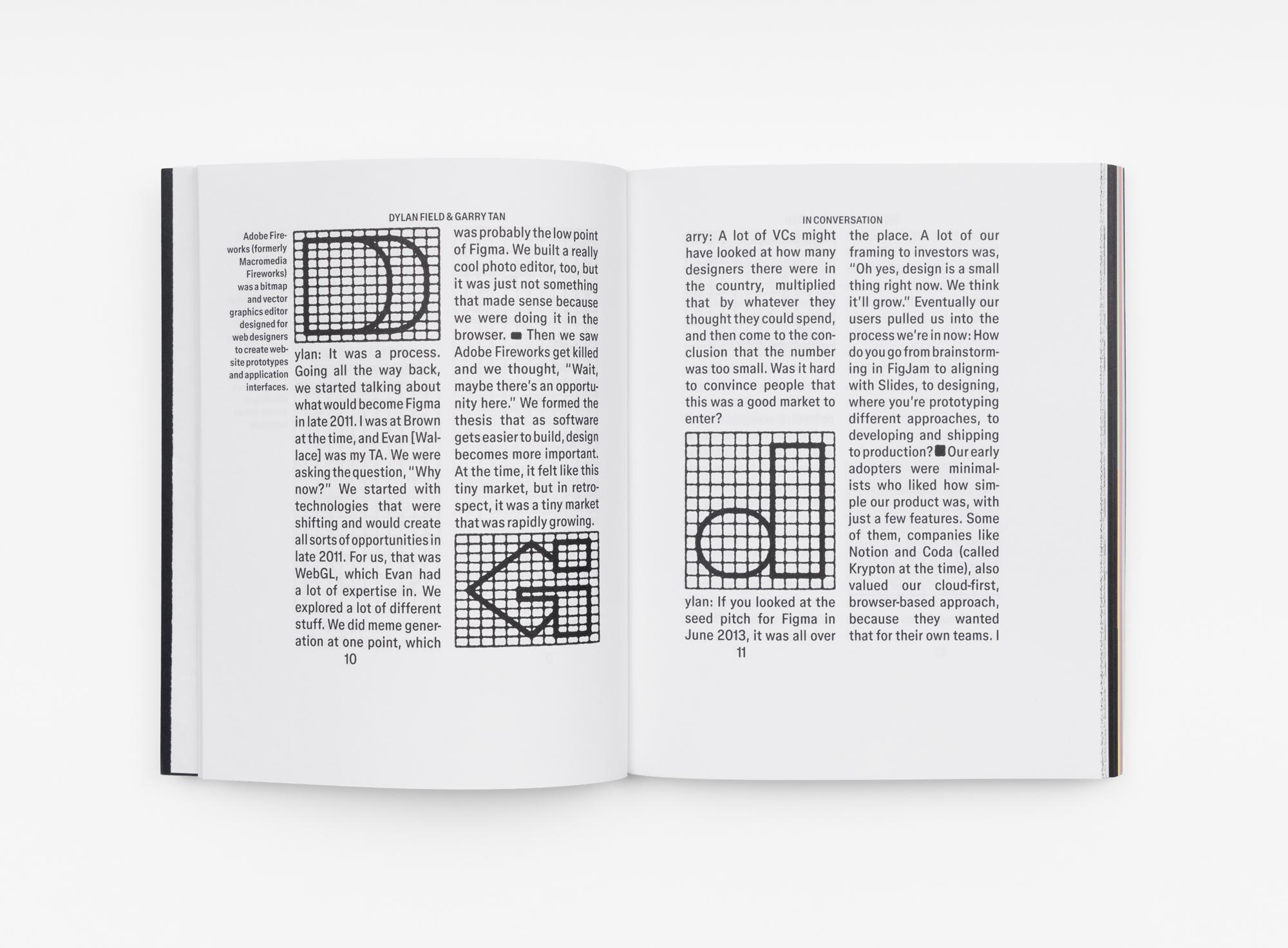 An open book displays a two-page interview spread featuring grid-based graphic illustrations and a conversation about the evolution of design tools and the development of a new creative platform, focusing on early experimentation, shifts in technology, and adapting to user needs.