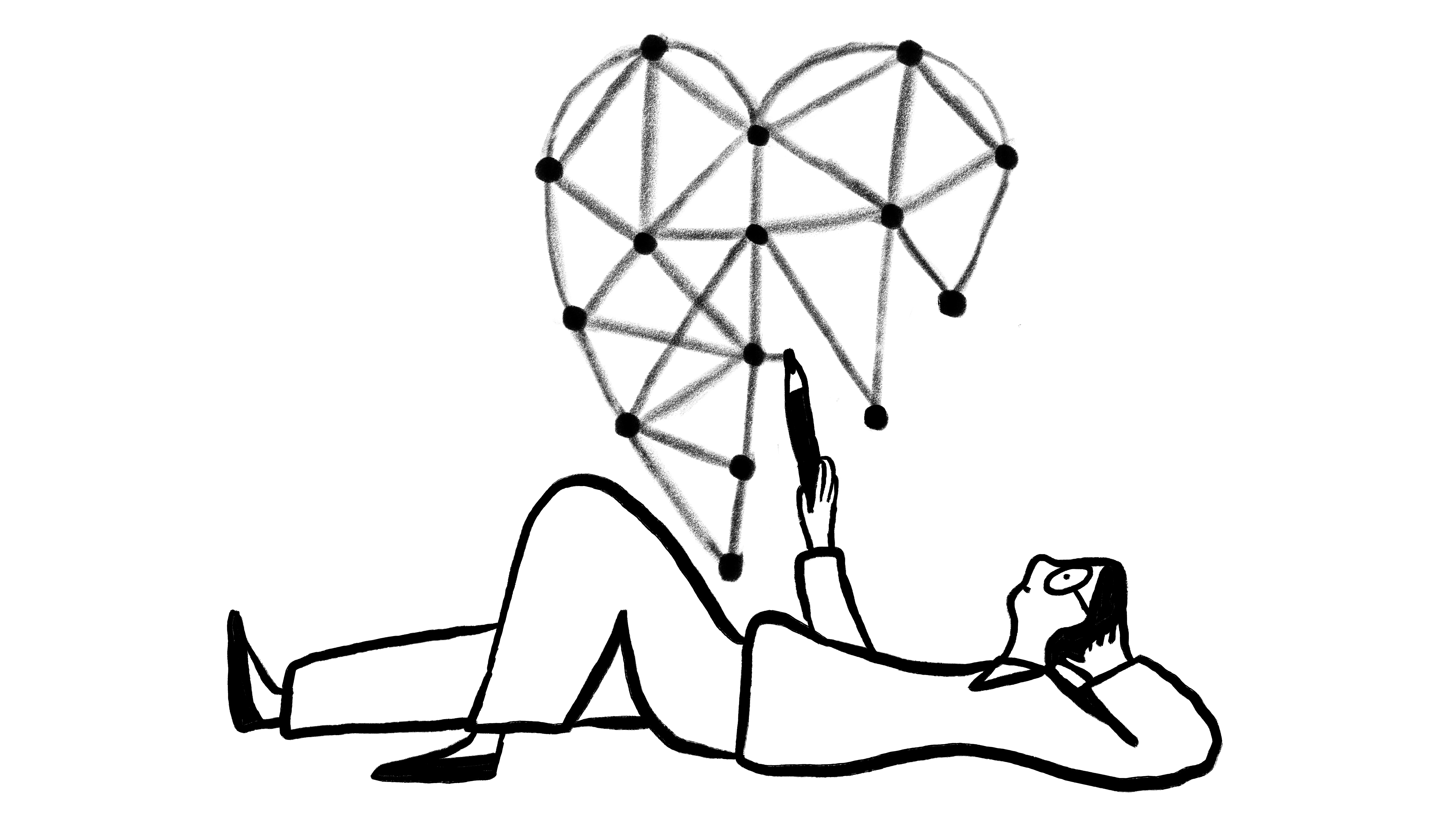 An illustration of a person lying on their back, connecting dots in the air to draw a heart