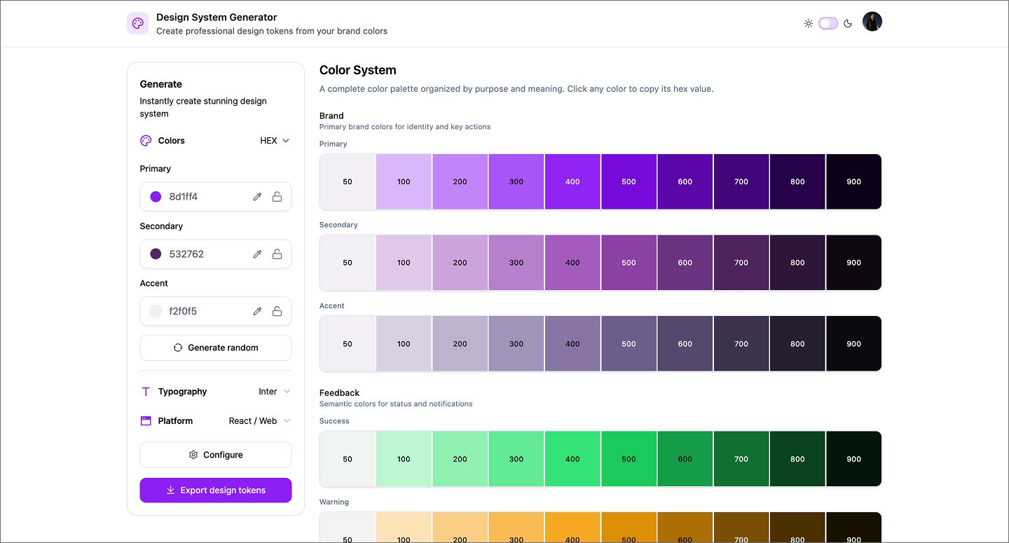 Screenshot of a design system generator made using Figma Make.