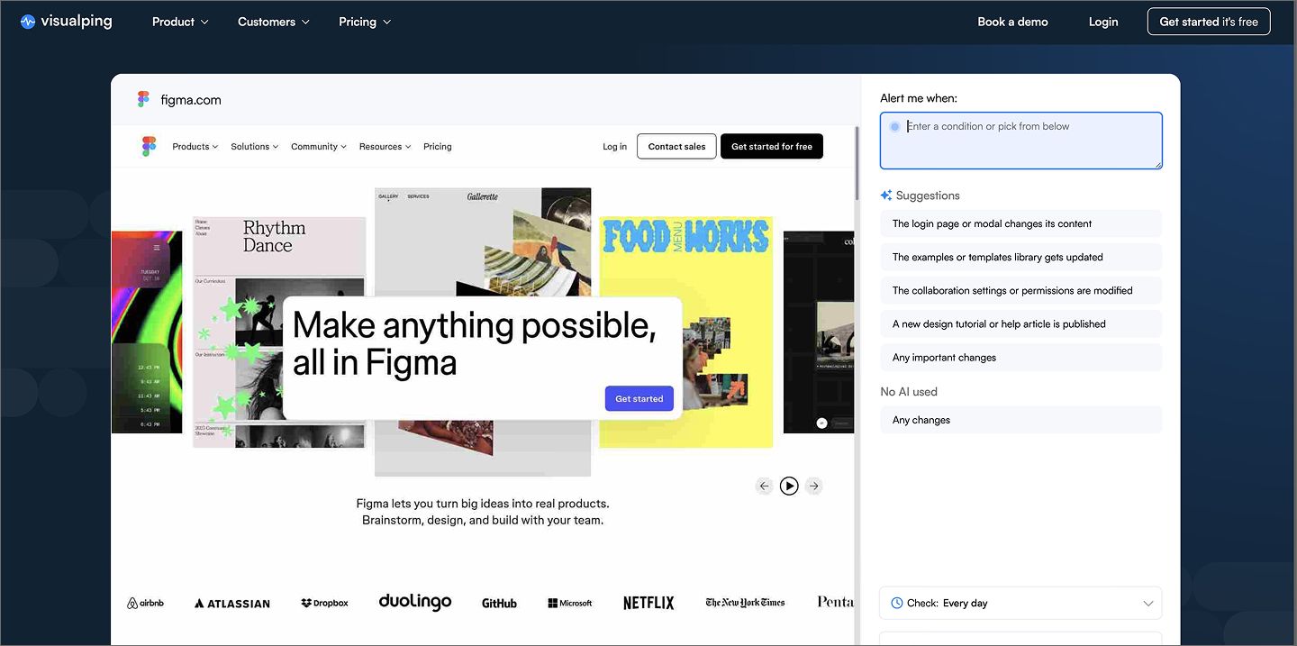  Screenshot of the Visualping dashboard, setting up tracking for Figma.com.