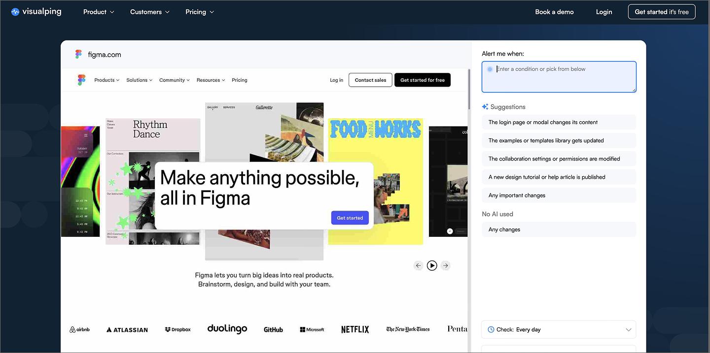 Screenshot of the Visualping dashboard, setting up tracking for Figma.com.