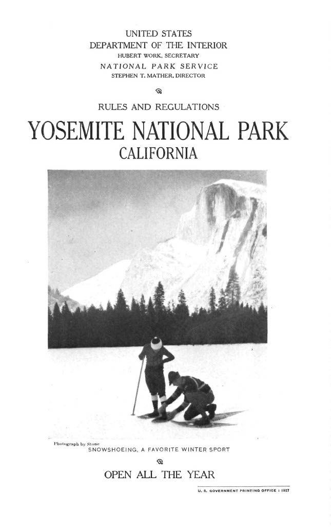 Booklet cover in black and white with a photograph of snowshoers with Half Dome in the background