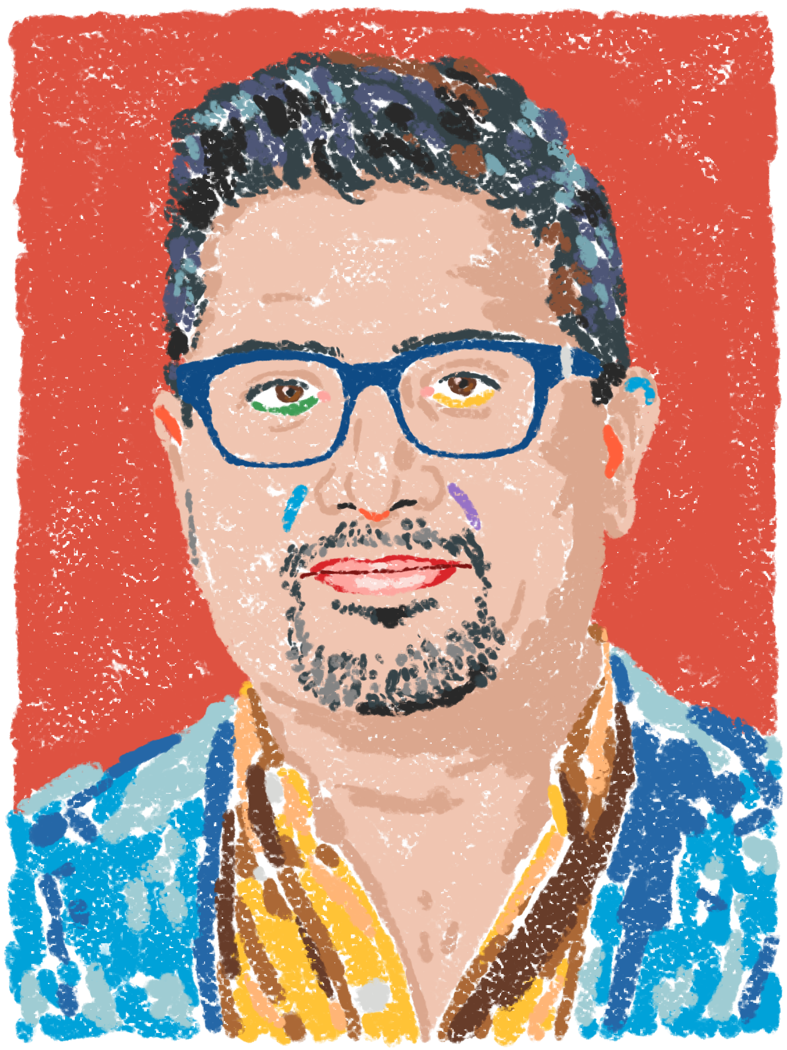 Illustration of a dark-haired man wearing blue glasses over a red background