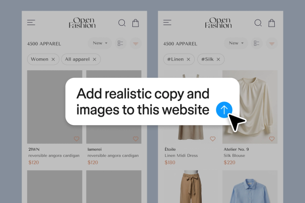 Prompt in Figma Agent to add realistic copy and images to website