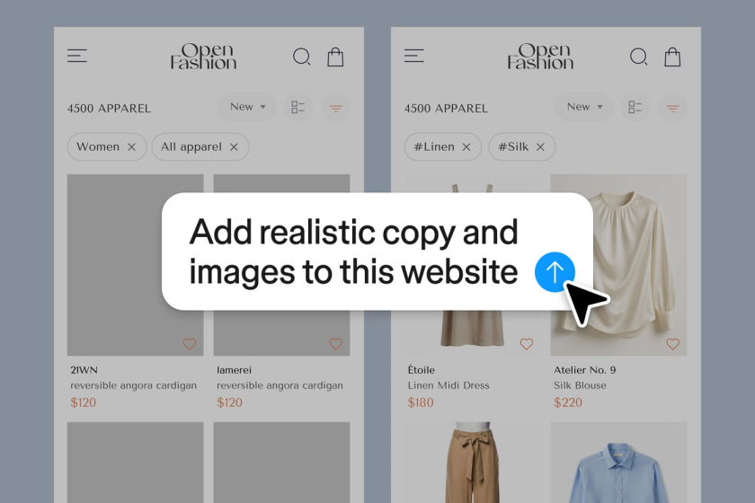 Prompt in Figma Agent to add realistic copy and images to website