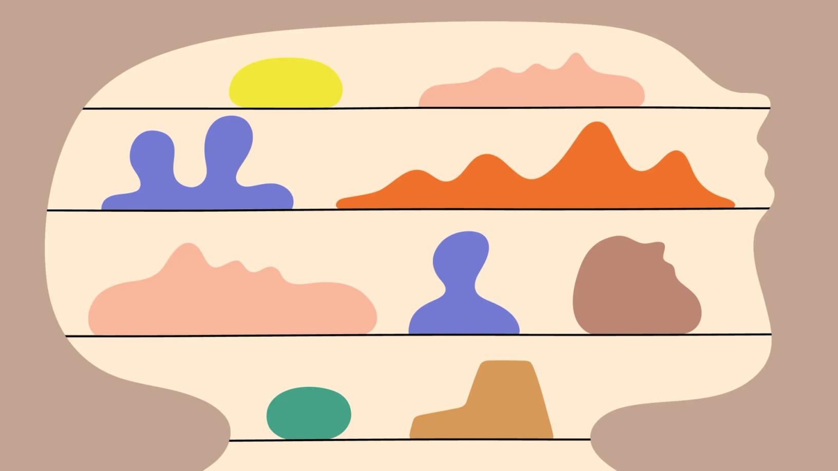 blog beige avec des lignes horizontales noires en forme d'étagères, chacune présentant un ensemble de taches multicolores sur chaque « étagère »