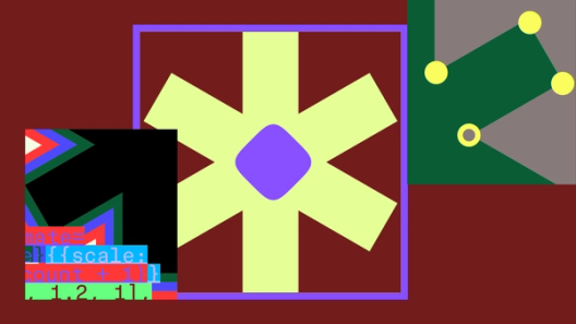 Abstract geometric illustration of a code-like graphic and a canvas graphic overlaying an asterisk shape on a maroon background.