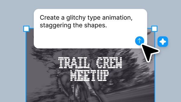 Qualcuno sta usando l'agente AI di Figma per creare un'animazione per un'app per attività all'aperto. La finestra di dialogo chiede all'agente di creare un'animazione di tipo glitch, con forme sfalsate.