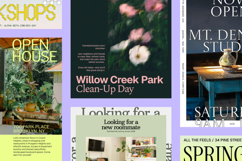 multiple flier designs featuring open house looking for a roommate and a clean up day event