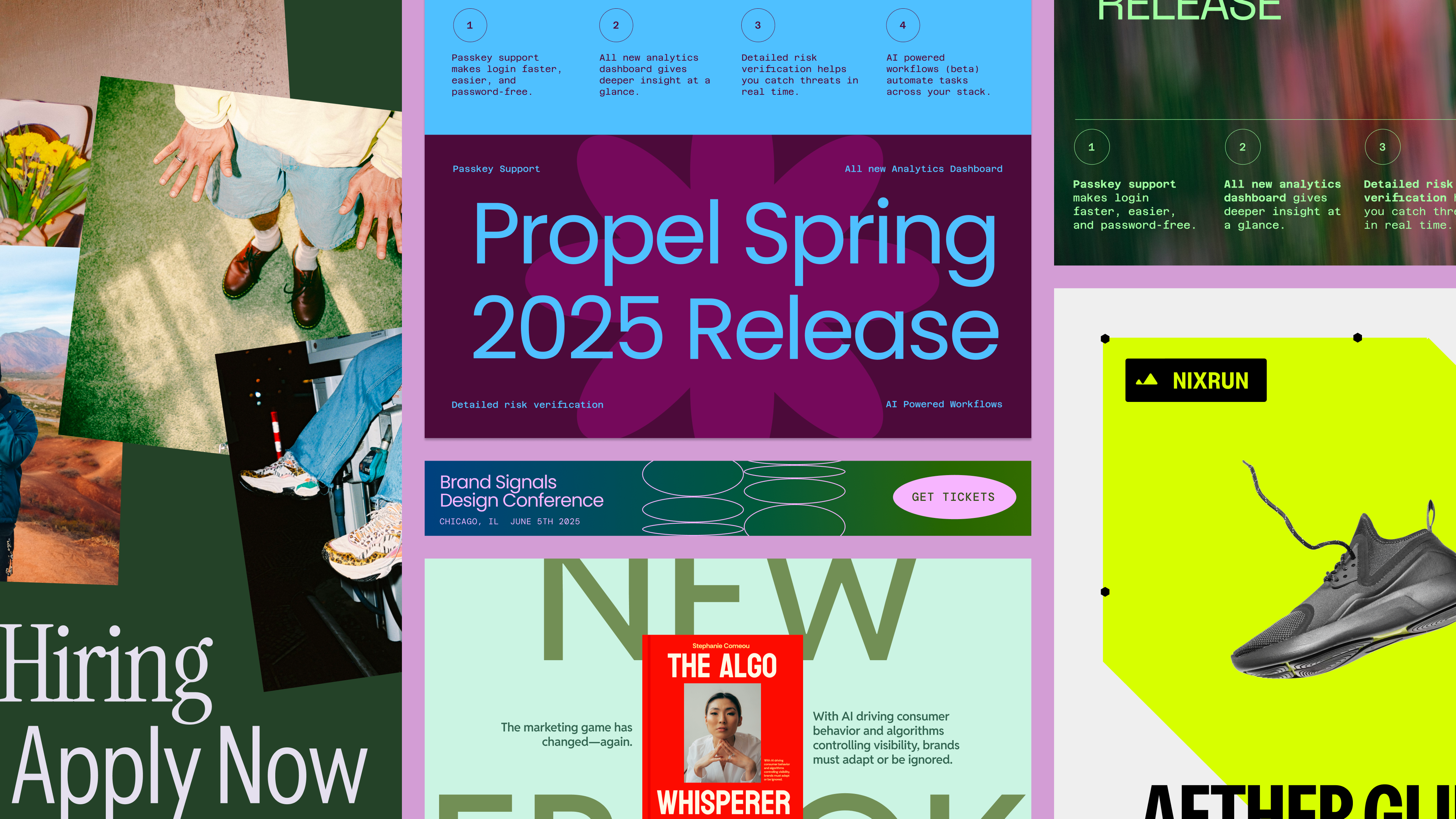 A vibrant collage of modern website templates features bold typography, colorful graphics, product promotions, and event announcements.