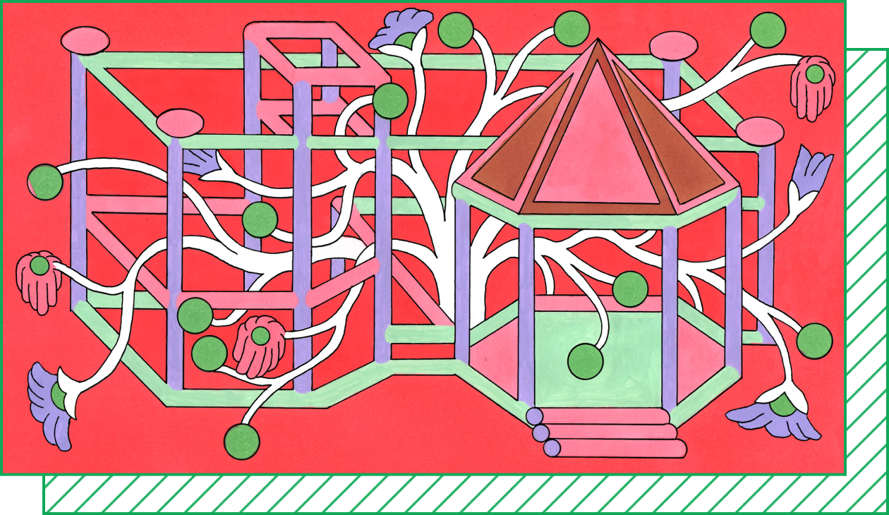Illustration of a plant snaking through a gazebo structure, ending in round nodes and flowers.