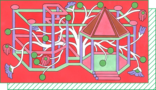 Illustration of a plant snaking through a gazebo structure, ending in round nodes and flowers.