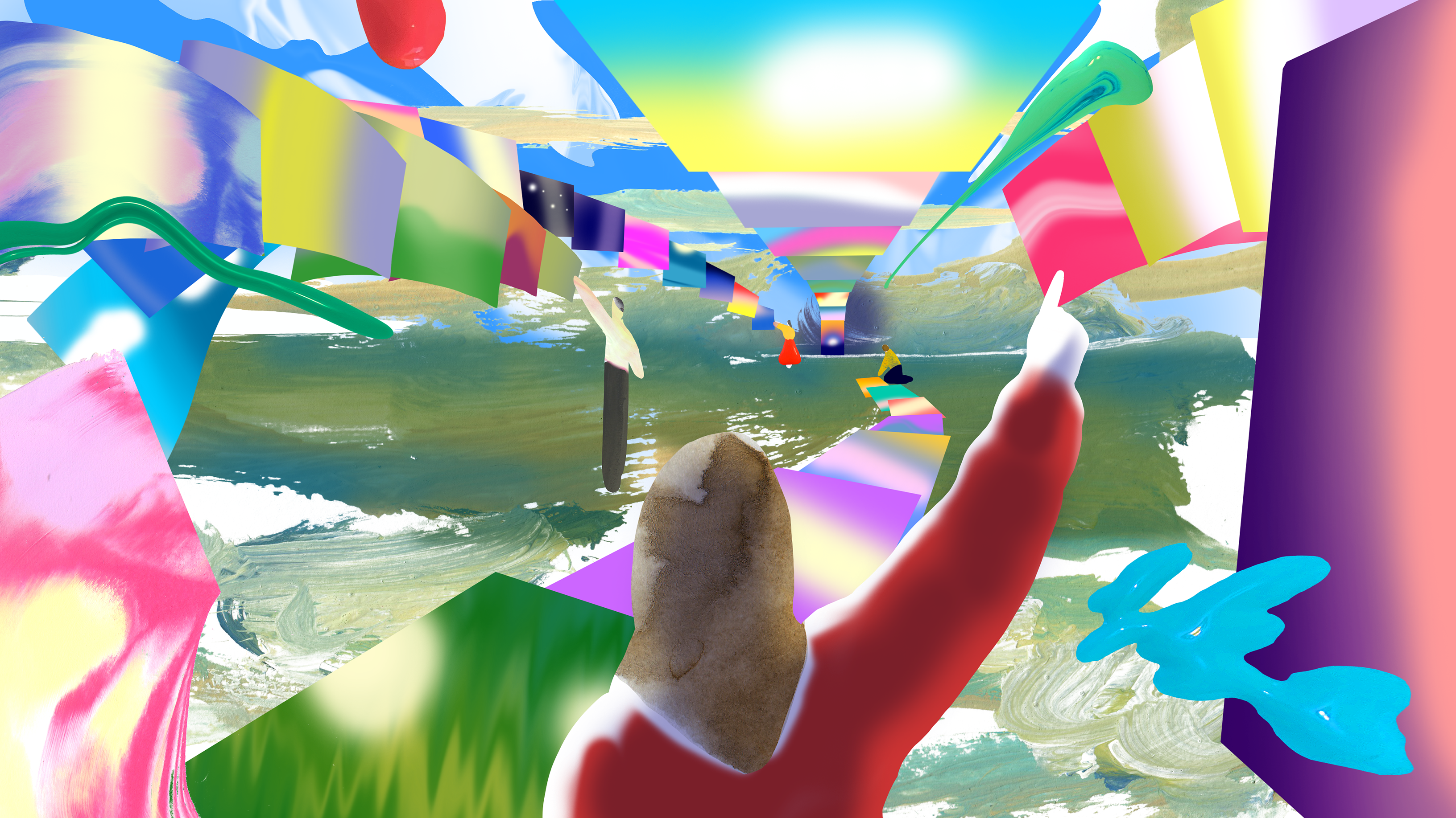 Abstract digital scene depicting a figure in a red shirt reaching toward a distant, glowing horizon. The figure stands on a path made of colorful, rectangular banners that stretch into the distance. The environment blends painterly textures of green and white with surreal, vibrant shapes and floating forms.