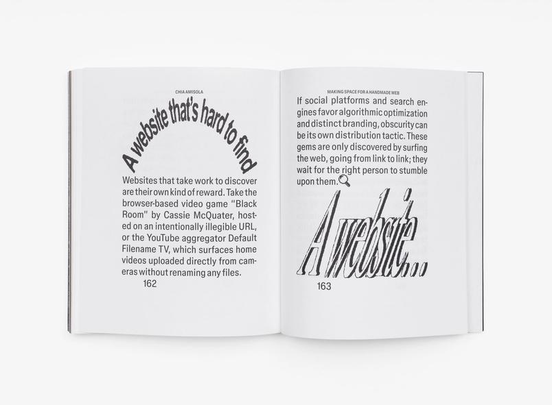 This spread discusses digital obscurity and web discovery, citing examples like the game Black Room and Default Filename TV. The layout emphasizes experimental typography and layout, especially with the distorted word “A website…”