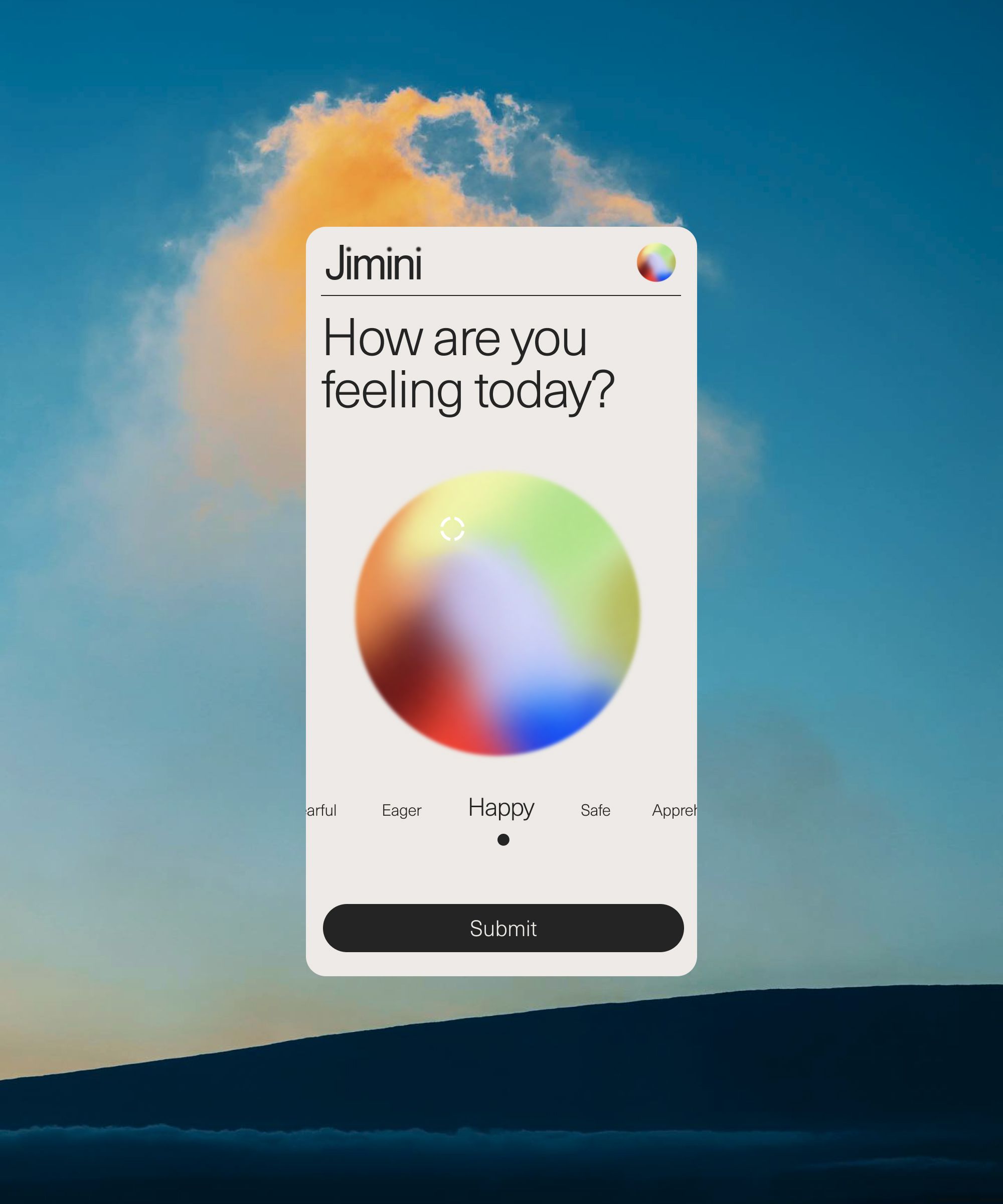 Mobile mood tracking app interface with colorful emotion wheel selector.