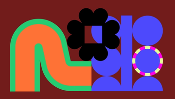 Abstract geometric artwork on a dark red background featuring bold orange, green, black, blue, yellow, and magenta shapes, including a curved ribbon, flower-like form, stacked circles, and a striped ring.