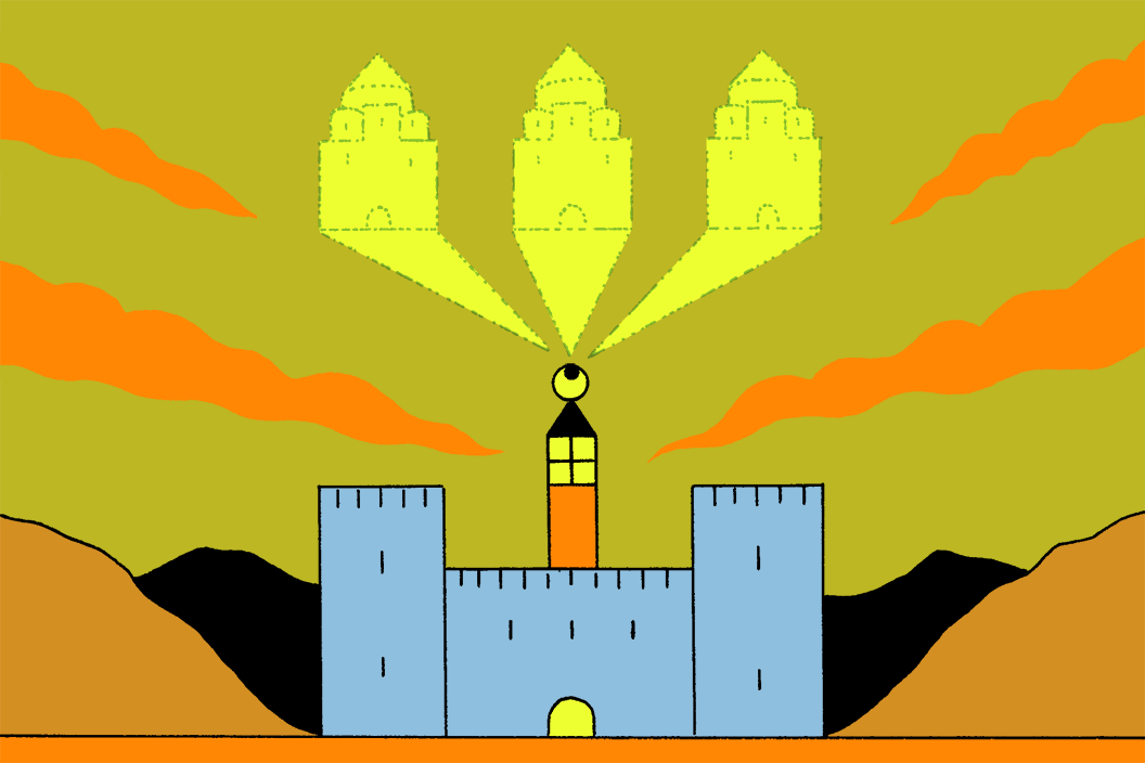 A castle projects an image of three towers.