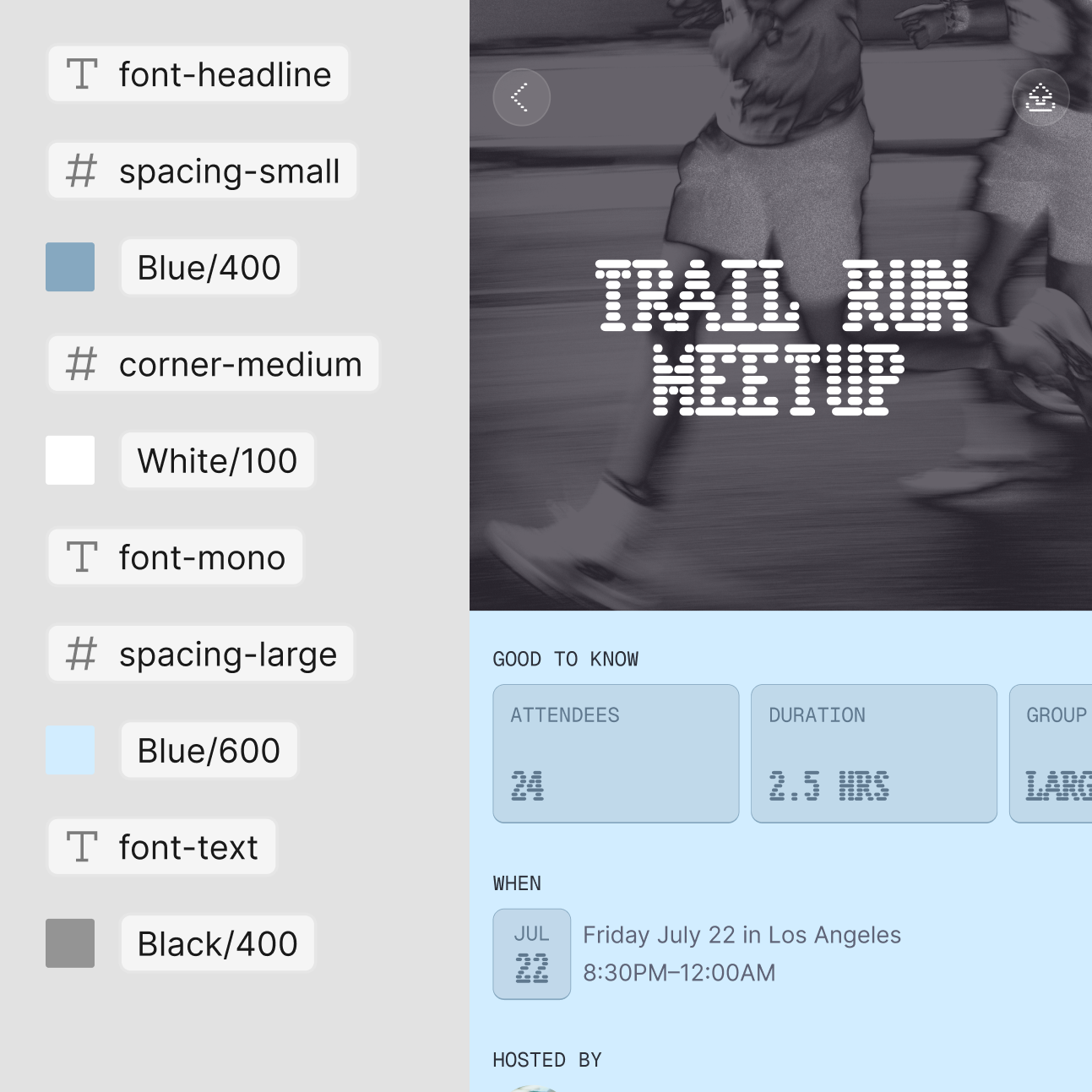 Figma design system panel showing reusable component tokens including typography styles, spacing values, and color variables, displayed alongside an event details card preview using those design tokens